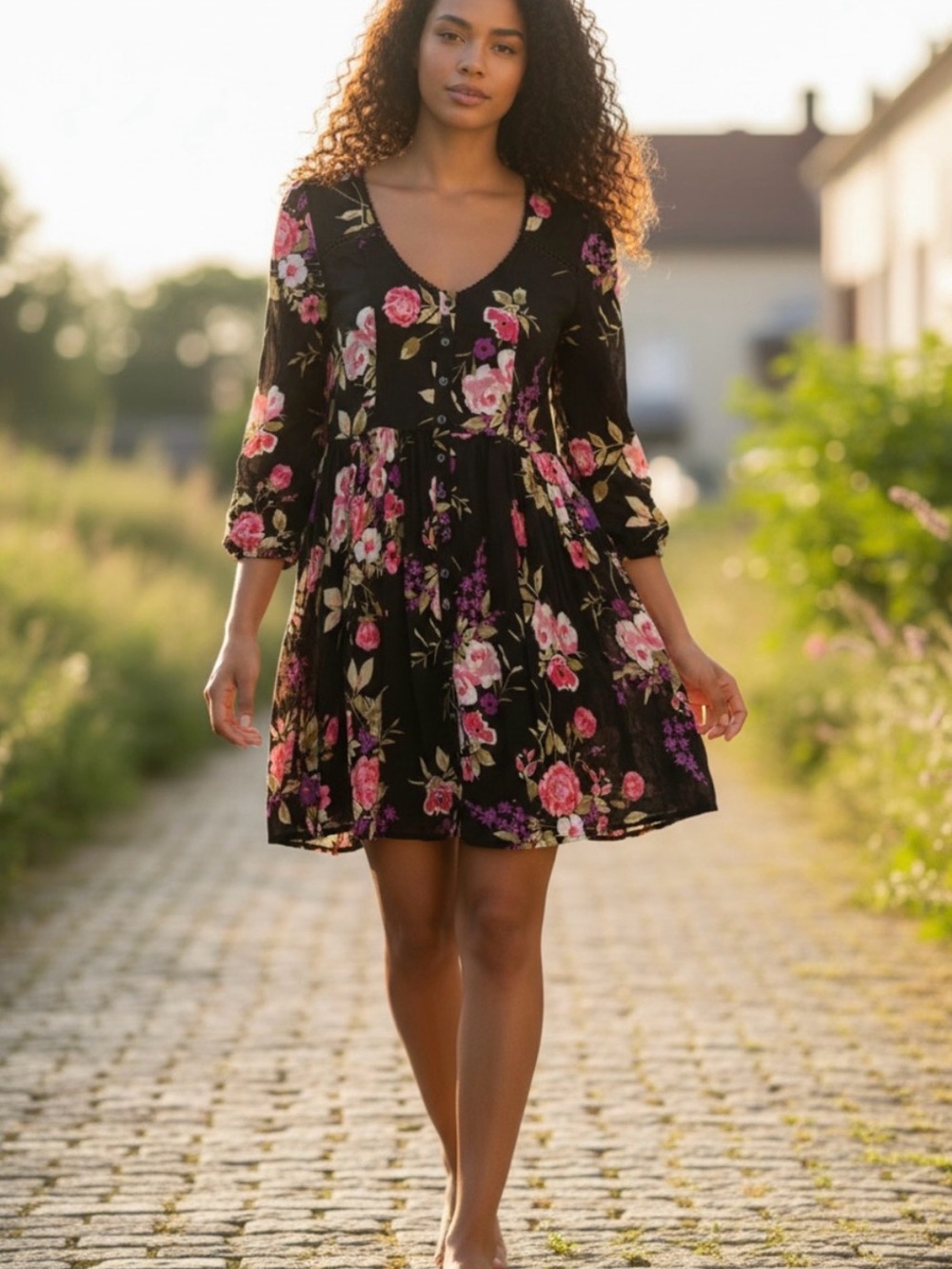 Ecote Black Mini Dress with Pink & Purple Floral Print